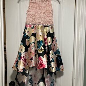 Floral High-Low Dress with Pink Lace Top